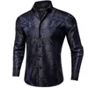 Luxury Blue Black Paisley Silk Shirts For Men Long Sleeve Wedding Party Prom Tuxedo Dress Shirt Casual Designer Clothing 240301