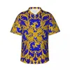 Męskie koszule złota barokowa koszula wakacyjna kwiat kwiaty kwiaty Summer Men Eleganckie bluzki krótkie rękaw Y2K Street Clothing
