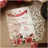 Cartões 100pcs Champagne Sier Glitter Laser Corte Convites de casamento com folhas internas em branco e envelopes para chá de panela D DHSZX