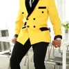 Men's Suits Double Breasted Yellow For Men Slim Fit Prom Wedding Groom Tuxedo 2 Pcs Jacket With Black Pants Male Fashion Costume 2024