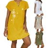Летние свободные платья с принтом бабочки и одуванчика с коротким рукавом и V-образным вырезом, хлопковое льняное женское платье