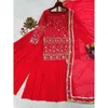 Roupas étnicas Palazzo Terno Salwar Kameez Vermelho Sharara Anarkali Lantejoulas Decoradas Flores Vestido