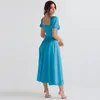 Robes décontractées Robe midi d'été élégante col carré avec volants à plusieurs niveaux détail de sangle à lacets femme a-ligne plissée taille haute mince