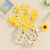 Zestawy odzieżowe Baby Girl 2-częściowy zestaw letni rękaw słonecznika nadruk 3D Bow Fake dwuczęściowy romper żebrowany pałąk na głowę niemowlę