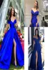 2020 Split Off the Shoulder Sleeveless Evening Party Wear Royal Blue A Line Sexy Prom Dress8640180