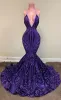 Abiti da ballo viola Halter sexy scollo a V profondo senza maniche Abiti da sera a sirena Pizzo con paillettes Backless Arabo Aso Ebi Abiti da festa formale Abiti da festa