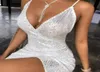 Abiti casual Abito slip con paillettes Glitter sexy bianco da donna backless party night club abiti per donna cinturino per spaghetti mini bodyco3798831