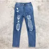 Plus Size Ripped Holes Hollow Out Mesh Stretchy Skinny Jeans 3XL Vintage Slit Pantalones288 Mujer Blue Denim Pencil Pants 240229