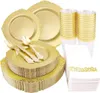 Disposable Dinnerware 175 Pcs Tableware Transparent Golden Plastic Tray With Silverware Glasses Birthday Wedding Party Supplies