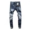 Мужские джинсы, модная уличная одежда, мужские высококачественные ретро-синие эластичные облегающие рваные дизайнерские брюки с вышивкой в стиле хип-хоп, брендовые брюки