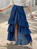 Women Mermaid Skirt Plus Size High Waist Casual Plain Spliced Pleated Slit Hem Denim Skirt Single Button Slim Vintage Skirt 240313