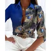 Kvinnors blusar Autumn Women Gem Peacock Feather Print Knappad långärmad skjorta 2024 Kontor Kvinnlig casual Turn-Down Collar Blus Top