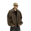 茶色の苦しめられたアメリカの革のジャケット、メンズトレンディでハンサムなデザイン、ニッチカップルのカジュアルラペルジャケットスタイル