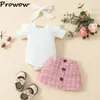 Prowow 0-18M Childrens Clothing Baby Outfit Sets For Girls White RomperPink Tweed SkirtHeadband Kids Tweed Suit For Girls 240229