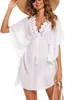 Mulheres Swimwear Mulheres Beach Cover Ups Férias Coverup Bat Manga Sexy V-Pescoço Blusa Lace Bikini Up Maxi Vestido 2024 Roupas