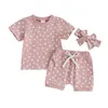 Set di abbigliamento per bambini 3 pezzi vestiti estivi per ragazze T-shirt floreale a maniche corte per bambini Pantaloncini Fascia per capelli Completo da bambino