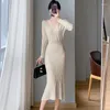 Casual Dresses 2024 Autumn Winter Red Sticked Elegant Sweater Dress Korean Bodycon Chic Hollow V-Neck Sexy Wommen Fashion Sweaters
