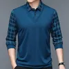 Spring Autumn Mens Pullover Turn-Down Collar Solid Pan Panel Randig långärmad t-shirt Polo Bottom Casual Formal Tops 240305