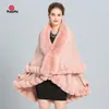 Moda doppio strato artigianale pelliccia di volpe mantello scialle lungo maglia poncho in cashmere cappotto avvolge pelliccia sintetica mantello di pashmina donna inverno nuovo J1269l