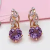 Dangle Earrings 585 Purple Gold Plated 14K Rose Inlaid Amethyst Crystal Drop For Women Romantic Elegant Wedding High Jewelry Gift