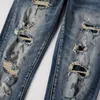 High Street Fashion Men Jeans Retro Washed Blue Stretch Skinny Fit Ripped Jeans Men Beading Patched Designer Hip Hop Brand Pants240313