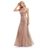 Partykleider 2024, glitzerndes Neckholder-Abendkleid im Meerjungfrau-Stil, Sweep-Zug, schönstes sexy goldenes, ärmelloses, ästhetisches, rückenfreies Kleid