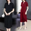 Casual Dresses 2024 Summer Silk Solid Short Sleeve Dress Loose Size Bohemian V-Neck Knee Length Women's Robe