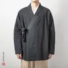 Ethnic Clothing 2024 Men's Chinese Style Linen Cardigan Jacket Loose Black Kimono Solid Color Self-Tie Hanfu Traditional 4Xl