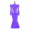 Casual Dresses Luxury Dress Glossy PVC Leather Låsbar full hylsa mantel maxi höghals puff bodycon lång klänning kväll 7xl