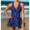 Swim Wear Womens High Quality 2-Piece Swimsuit Minimalist White Printed Polka Dot Sleeveless Laced Sexig hängande halsringning Beach kjol S-6xl Aquatic Sports 240311