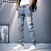 Mäns jeans Autumn Elastic Brodered Patchwork Hip Hop Denim Pants Korean Fashion Slim Fit Trousers for Men baggy