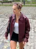 Red PU Jacket for Women 2023 Chic Retro Lapel Loose Casual Short Jackets Autumn Fashion Motorcycle Leather Tops