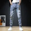 Mäns jeans Autumn Elastic Brodered Patchwork Hip Hop Denim Pants Korean Fashion Slim Fit Trousers for Men baggy