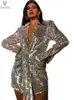 Robes décontractées VAZN 2024 Paillettes Décoration Femmes Pure Couleur Sexy Club Party Style Robe courte à manches longues revers Mini