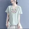 Ethnic Clothing Cotton Linen Embroidered Women's T Shirt V-Neck Chinese Traditional Style Oriental Dress Short Sleeve Hanfu