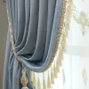 Curtains European Modern Spliced Tassel Curtains for Living Room Luxury Blue Velvet Curtain Bedroom Flat Valance Embroidered Tulle Custom