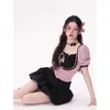 Work Dresses Summer Outfits For Women 2024 Pink Two-Piece Set Skirt Girl Lace Splicing Short Sleeve Crop Top Korean Sexy Prom Y2k