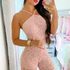 Elegant Jumpsuit Women Summer Halter Sleeveless Crochet Lace High Slit See Through Holiday Long Sexy Long Suits 240229