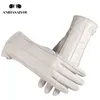 Перчатки с пятью пальцами, белые кожаные женские перчатки из натуральной кожи с хлопковой подкладкой, теплые модные кожаные перчатки262C