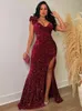 الفساتين غير الرسمية Idress للترتر النسائي تراكب عالي الشق الطويل Maxi Dress Velvet Sequin Christmas Outfits Party Club Wear Bong