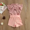 Kläder set flickans kläder 2 stycken set barns sommar blommor tryckta ruffle tops hög midjeshorts outfit för baby