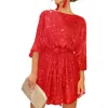 Casual Dresses Women Long Sleeve Sequins Glitter Dress Sexy Sparkly Loose Fit Party Cocktail Short Mini With Belt