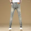 Jeans masculinos retro simples marca de moda magro ajuste magro high-end casual all-match estiramento desgastado olhando calças lavadas