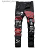 Męskie dżinsy męskie Scotland Red Plaid Tartan Patchwork Dżinsy Punk Nocet Patch Black Denim Pants Czaszka Listy drukowane Slim Proste Spodni L240313