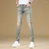 Jeans masculinos retro simples marca de moda magro ajuste magro high-end casual all-match estiramento desgastado olhando calças lavadas
