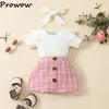 Prowow 0-18M Childrens Clothing Baby Outfit Sets For Girls White RomperPink Tweed SkirtHeadband Kids Tweed Suit For Girls 240229