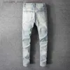 Männer Jeans Männer Kristall Löcher Ripped Patchwork Jeans Streetwear Hellblau Denim Dünne Dünne Bleistift Hosen Hosen L240313