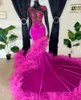 黒人ガールズの誕生日パーティードレスのためのピンクoネックイブニングドレス豪華なビーズアップリケフリルプロムガウンズマーメイドローブデバル