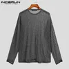 MEN THIRTS Incerun 2024 Fashion Men Shirt Mesh See من خلال O-tech Long Sleeve Camisetas Party Nightwear streetwear Sexy Tee Tops S-5XL