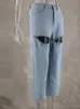 Fashion Trendy Diamond Design Blue Distressed Relaxation of Tall Waist Wide Legged Pants Spring 2024 Hollow Out Jeans Women 240309